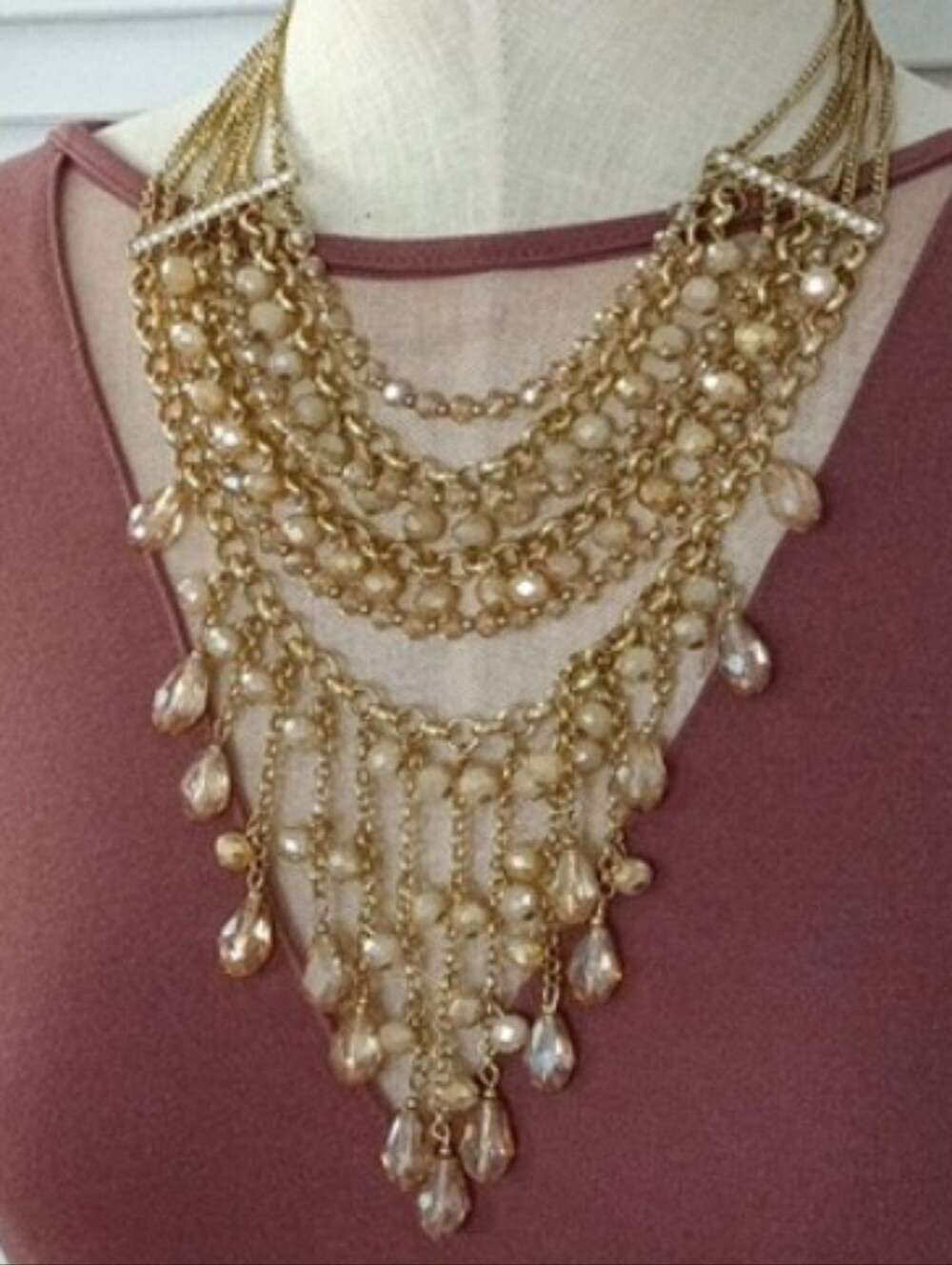 Beaded Antique Vintage Style Gold Chain Adjustable Statement Bib Necklace